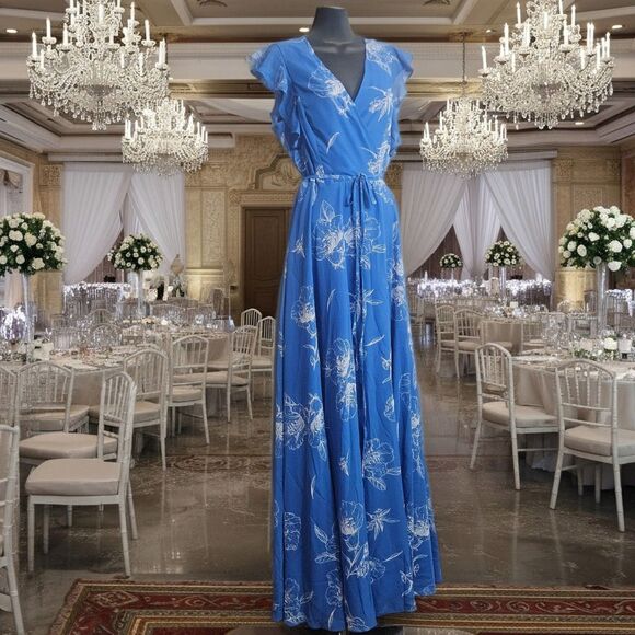 New Lulus Albion Blue Floral Maxi True Wrap Dress Size Large Flowy Formal - Picture 1 of 8